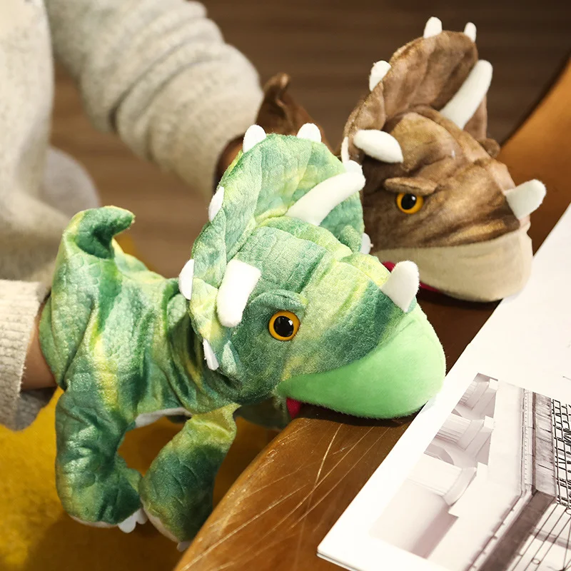 25cm dinossauro fantoche de pelúcia triceratops animal dos desenhos animados plushie pequeno três cores prop contar história presente interativo