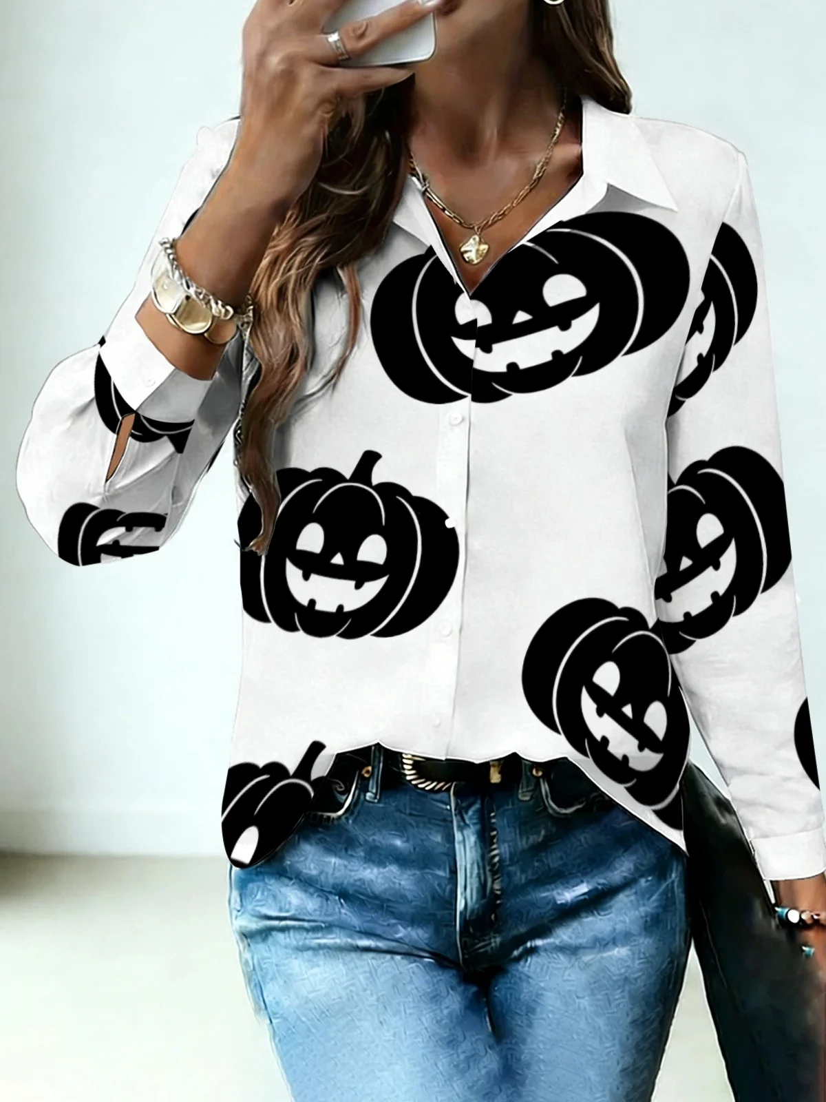 Plain Minimal Pumpkin Silhouette Womens Collared Shirt Clean White Base Scattered Black Jack-o-lantern Allover Print Long Sleeve