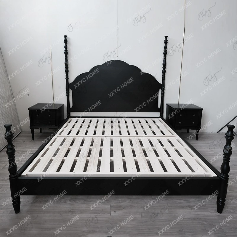NN Simple solid wood bed, light luxury master bedroom, high pillar wedding bed, hand-carved bed