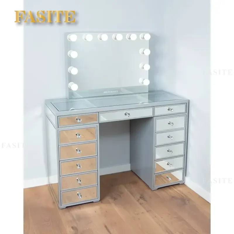 Beautiful Big Silver Mirrored Glass Dressing Vanity Table with LED and 12 Lights Make up Table with Mirror for Bedroom Decor