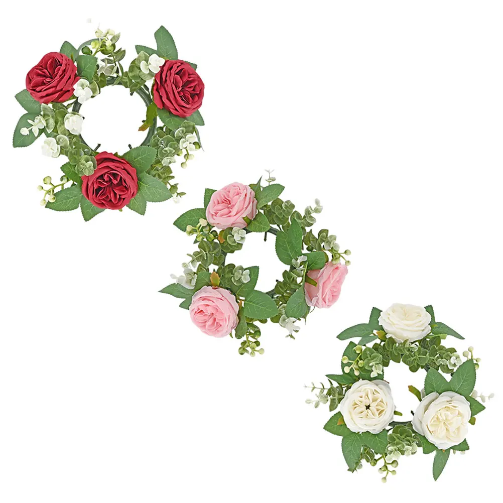 

3pcs Artificial Rose Ring Decorative Wreath Long-Lasting Wedding Birthday Festival Table Decoration Floral Ring