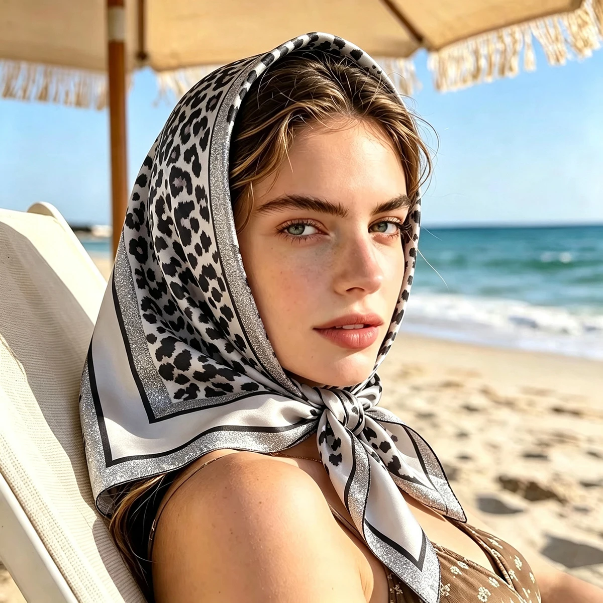 Luxury 70cm Square Leopard Print Satin Scarf Headband Hair Band Female Handkerchief Bandana Soft Foulard for Ladies