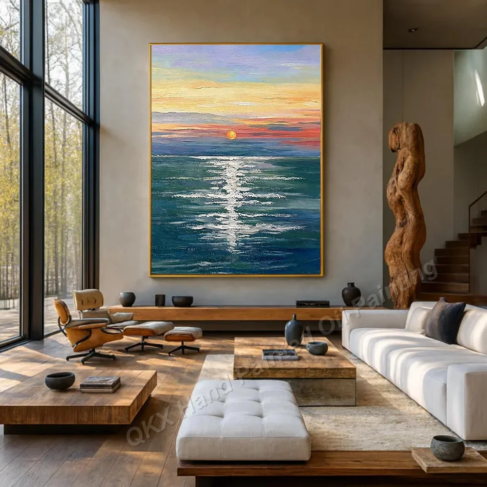 Hand-Painted Oil Painting on Canvas Wall Art Decor for Living Room, Impasto Sea Sunrise Landscape Wall Picture