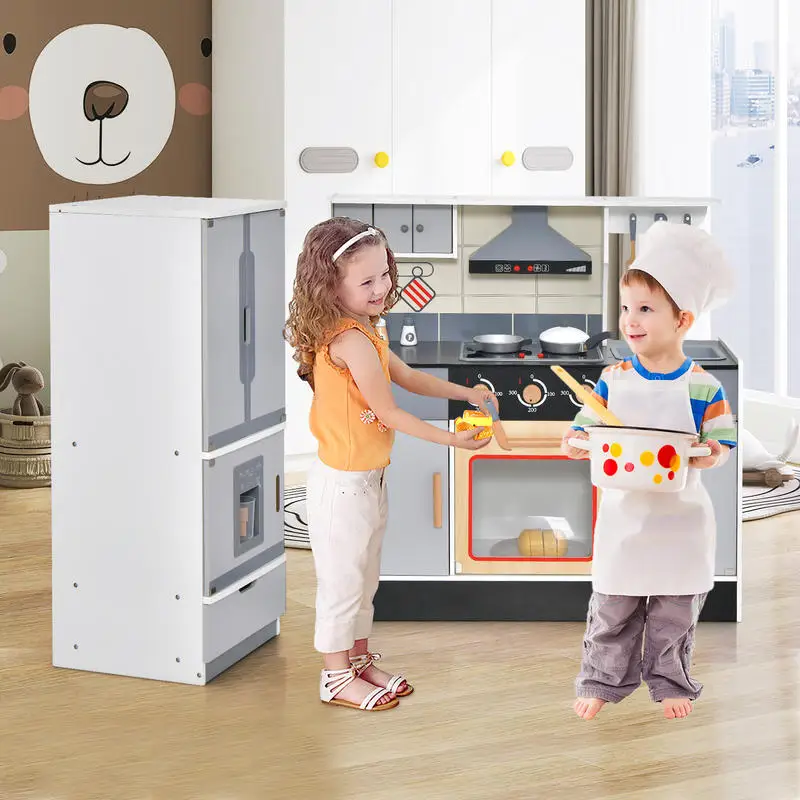 

Wooden Chef Play Kitchen and Refrigerator with Realistic Range Hood and Roaster