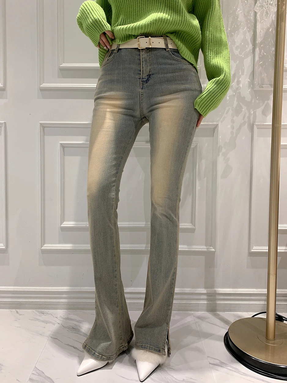 

High Waist Stretchy Slimming Hip Enhancing Micro Flared Split Denim Jeans Women Dongda Gate New Sle Spring Cotton Stretch D...