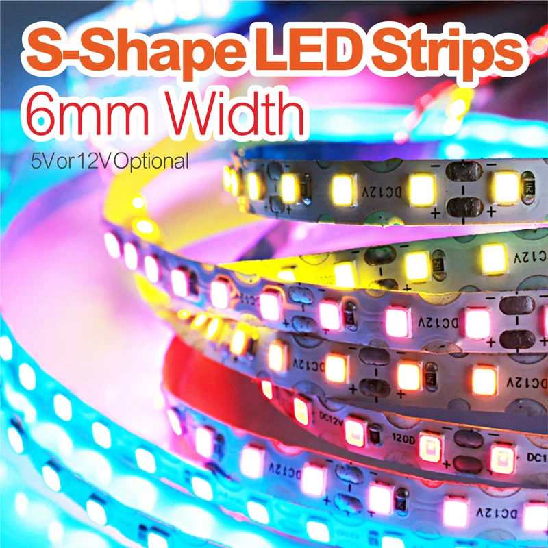 6mm Width S Shape Tape Light DC5-12V 2835 LED Strip 5m 120LED/m WhiteRedBlue. DIY Neon Sign Letter Flexible Foldable String Lamp