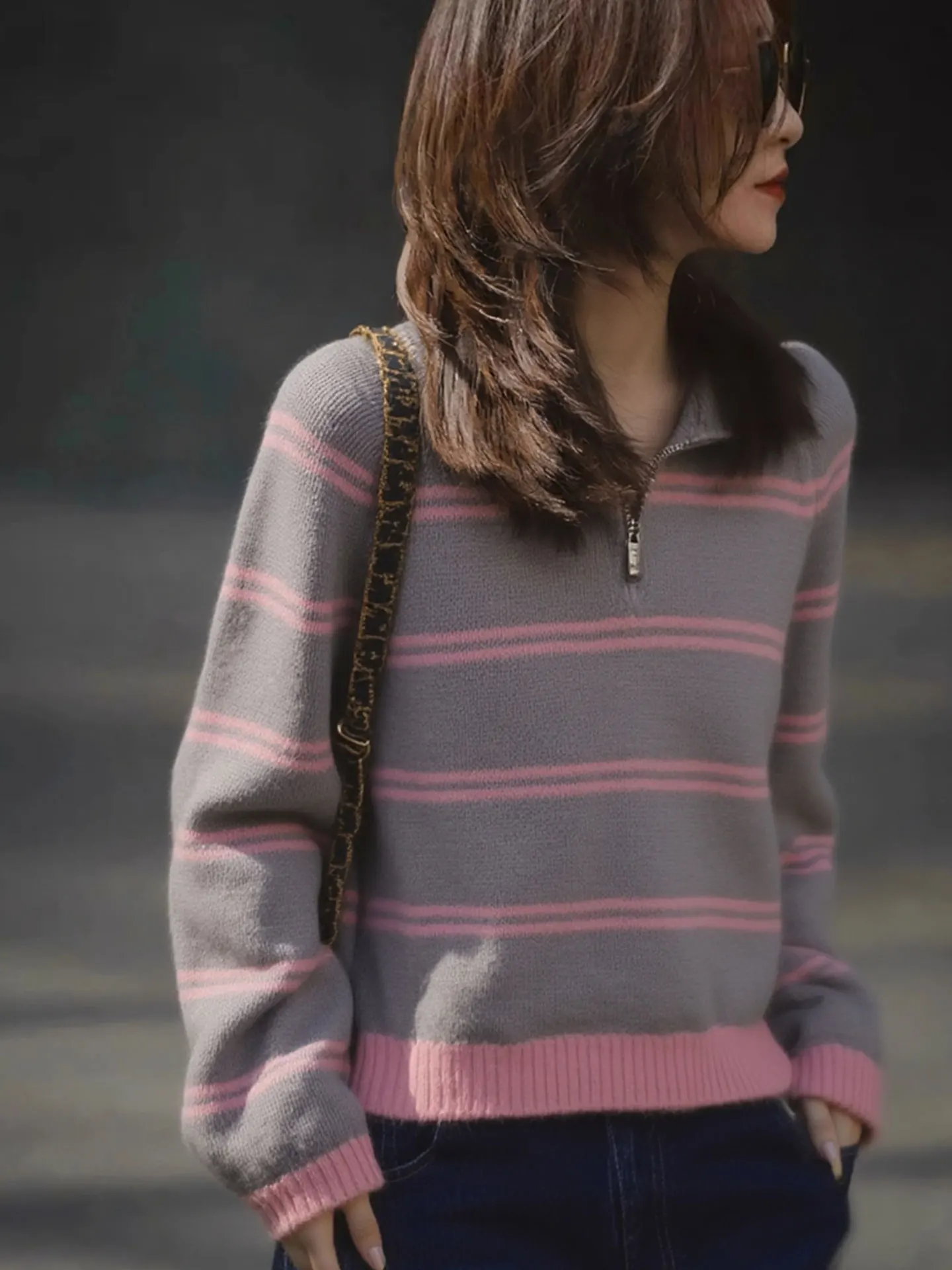 

Faionable Striped Color Blo Long Sve Knitwear Women's Winter Sweater Korean Sle Loose Fit Commute Friendly Zipper De...