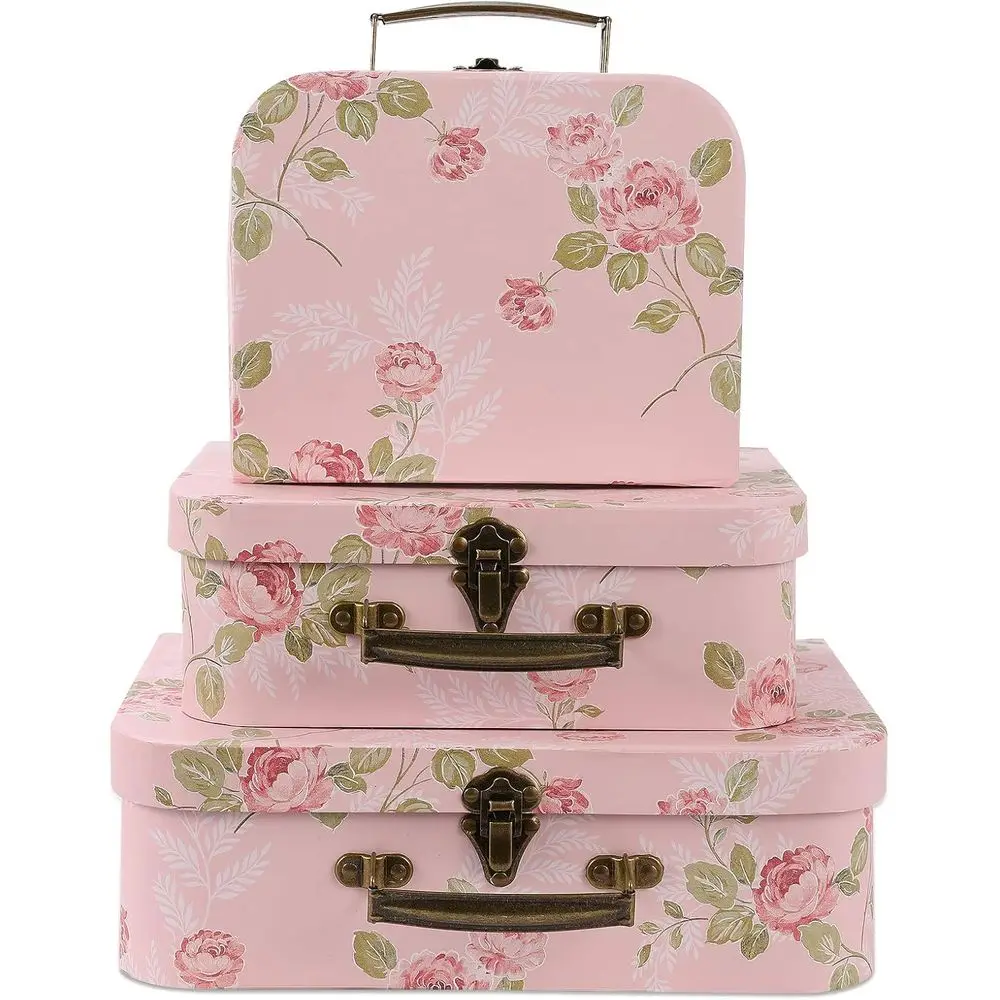 

3-Piece Pink Floral Paperboard Suitcase Set for Photo, Home Decor, and Special Occasion Gifts