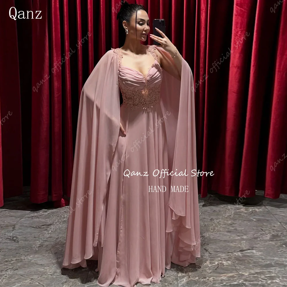 

Qanz Formal Evening Dresses Chiffon Cap Sleeves Pink Vestidos De Fiesta Elegantes Long A Line Slit Party Prom Gown Customized