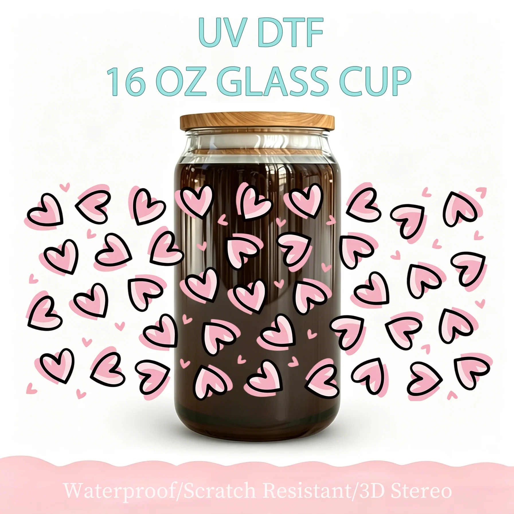 16oz UV DTF Cup Wrap Stickers Cute Love Heart Pattern Waterproof Permanent Adhesive Transfers for Glass Can Tumbler DIY Craft