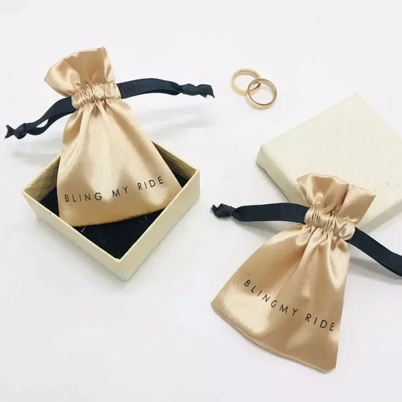 Customizable Logo Gold Satin Gift Bags Earring Rings Studs Necklace Bangle Jewelry Muslin Cloth Drawstring Pouches 9*12cm 20pcs