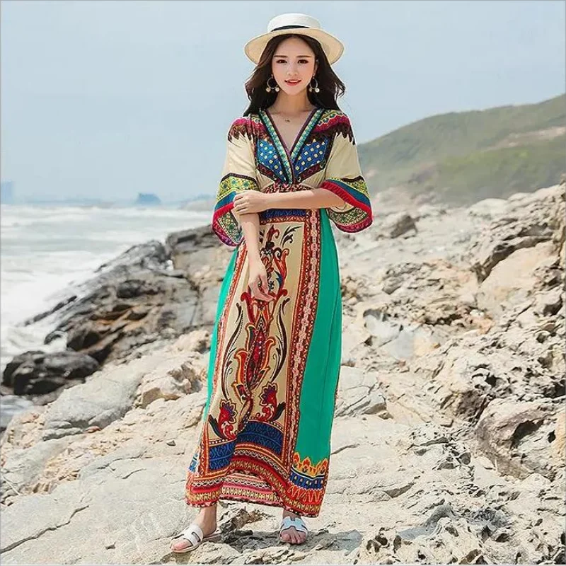 Estate nuova 2025 donna stampa floreale manica a pipistrello spiaggia bohemien maxi abito da donna scollo a V abiti boho estivi