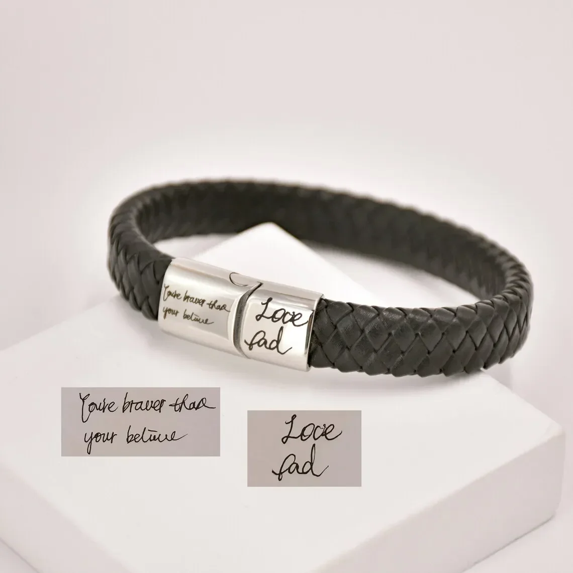 Handwritten Genuine Leather Bracelet Customized Personality Engrave Signature Stainless Steel Magnet Buckle Bangle for Men Women view 3