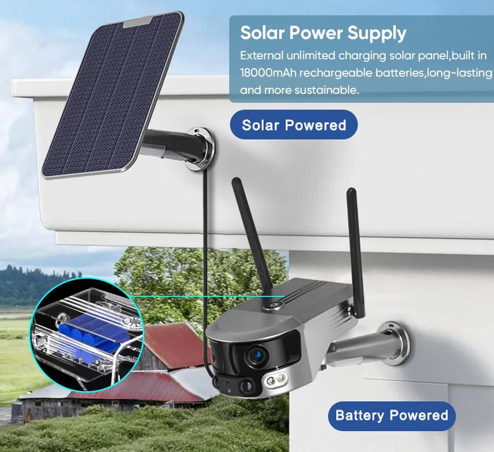 4K 4G Wireless Solar Camera 8MP WiFi Dual Lens Zoom With Solar Panel Humanoid Tracking PTZ Security Camera 128GB SD Card Support