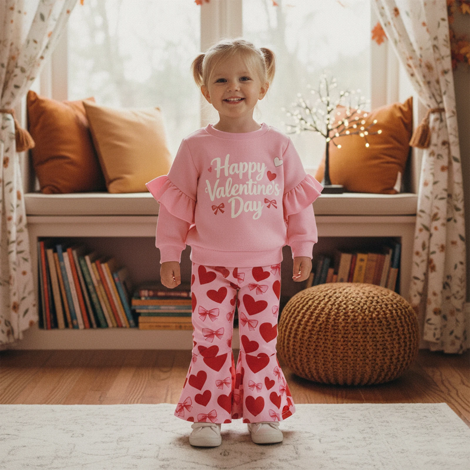 0-4Y Toddler Baby Girl Valentines Outfit Ruffled Trim Print Long Sleeve Sweatshirt Flared Pants 2 Pcs Children's Sets