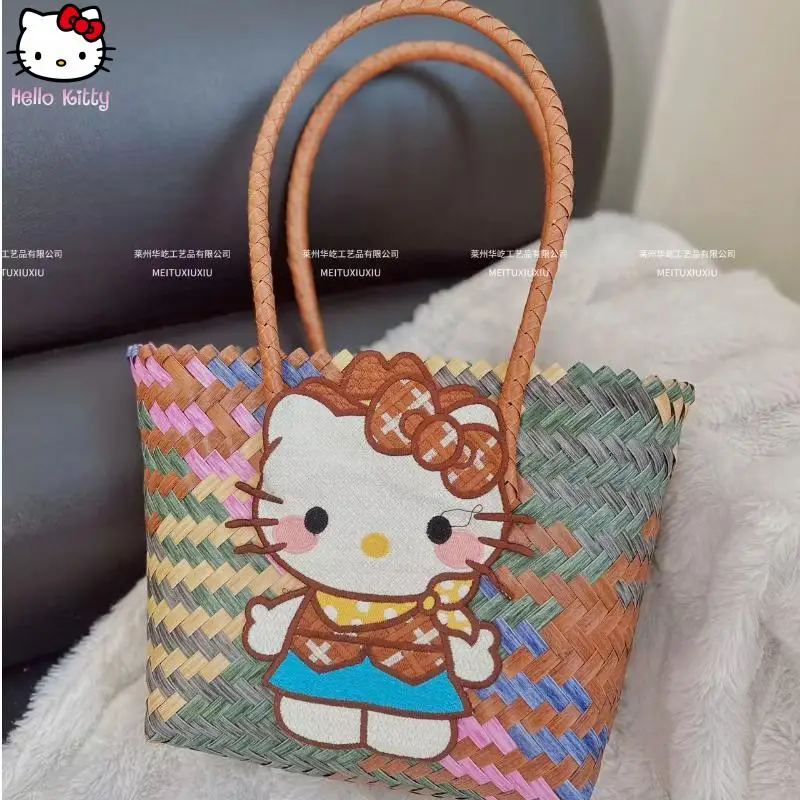 

Hello Kitty Kawaii Сумка для девочек Аниме Мультфильм Ретро Имитация ротанга Ручная тканая сумка Sanrio Пляжная сумка Отпускная сумка для хранения Новая