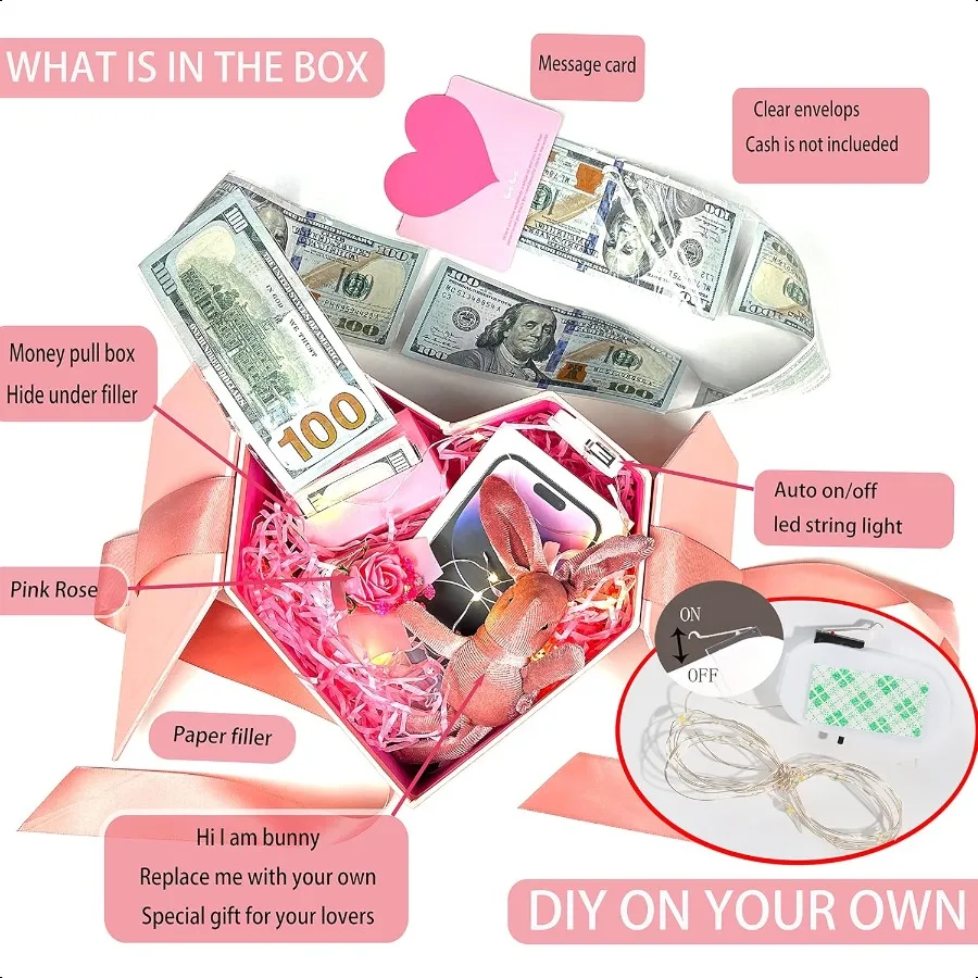 Money Box for Cash Gift Pull Pink Money Gift Box for Cash Gift IdeasLove Box with Money Pull Out KIT Automatic ON Off String Li