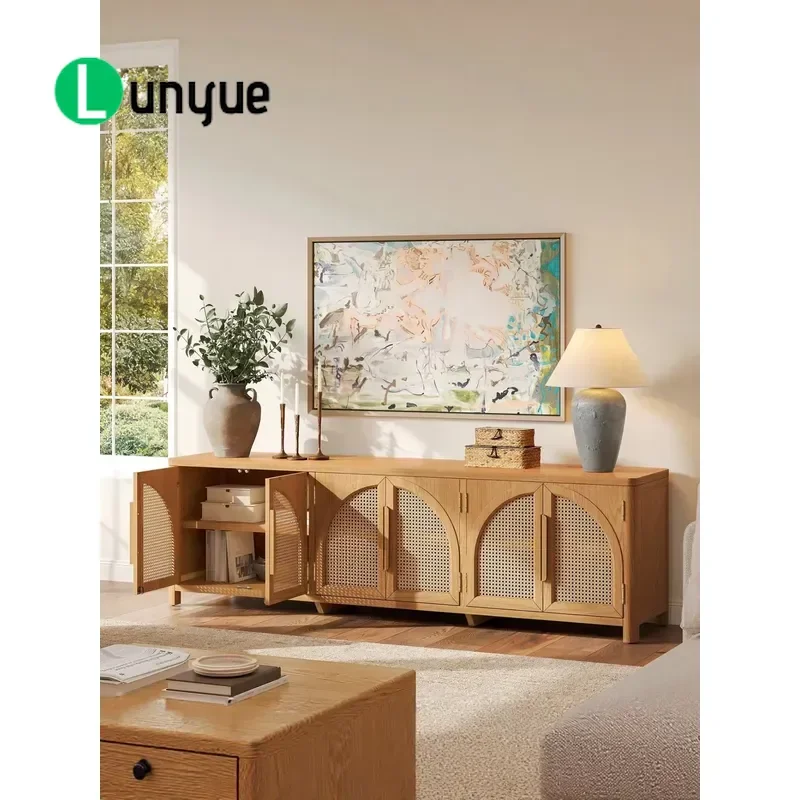 American Light Luxury Rattan Solid Wood TV Cabinet Retro Arched Design Small Space Storage for Living Room Entertainment Area
