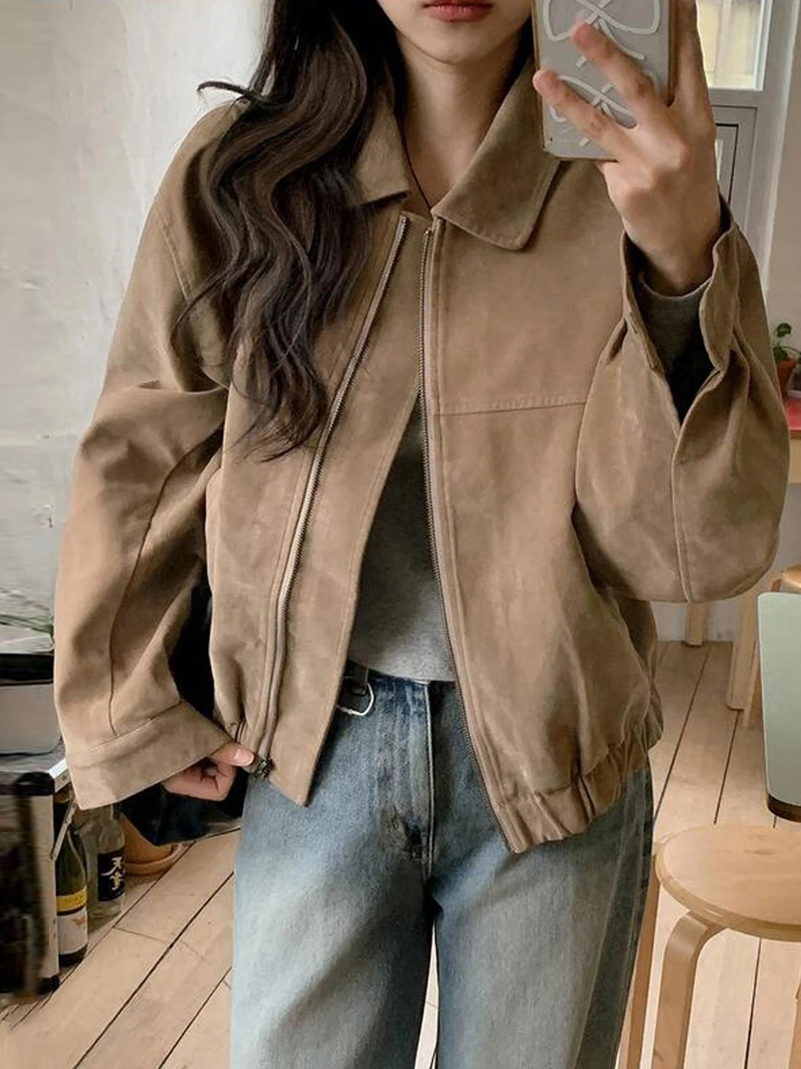 Short Biker Style Women's Jacket Leather Velvet Loose Fit Fashionable Commute Wind Resistant Zipper Closure  Color