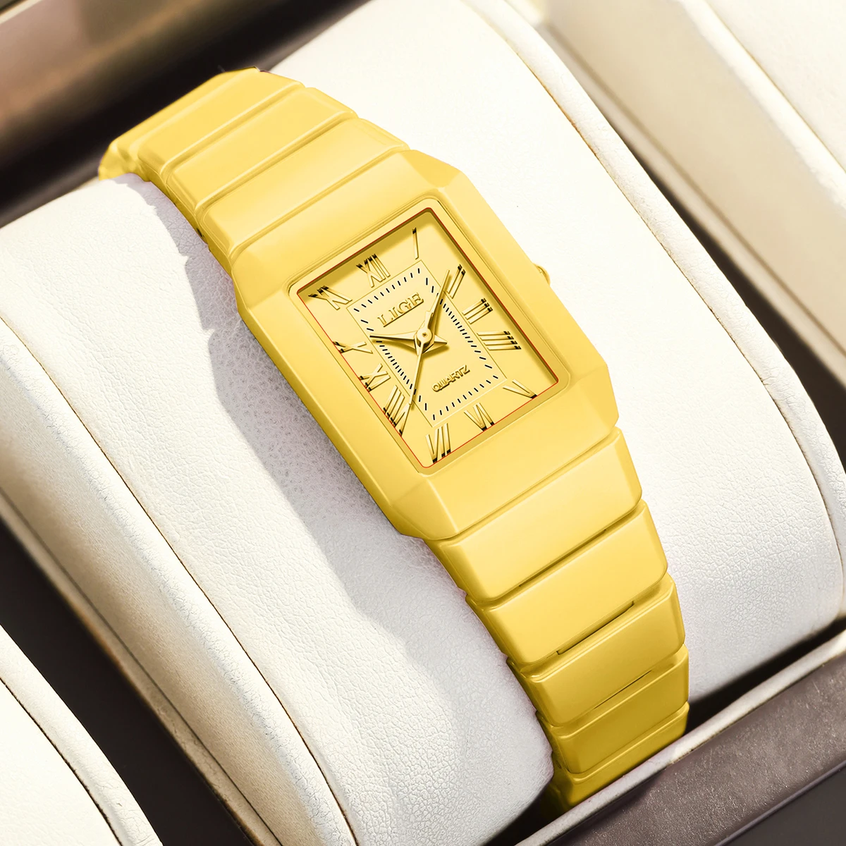 LIGE ゴールデンウーマンウォッチゴールデンフルセラミッククォーツ腕時計ローマ数字ダイヤルファッション腕時計女性用モントレファム