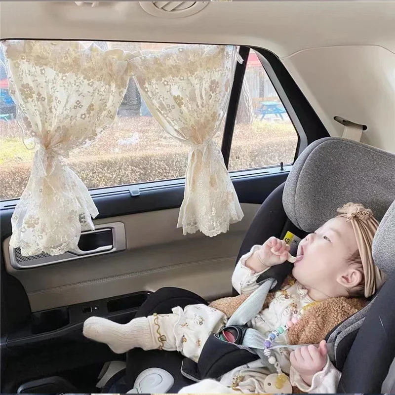 Double Layer Lace Cotton Embroidery Car Curtain Sun Shading Newborn Baby Travel Protection Window Sunshade Anti-UV Cover Outdoor