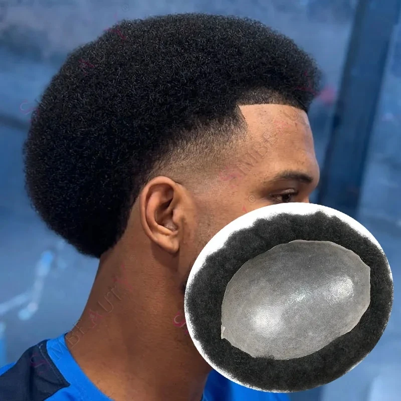 

Мужской парик-накладка (система протезирования волос) из 100% натуральных человеческих волос, 4 мм/6 мм, афро-кудри, черный, прочный, супертонкая полиуретановая основа