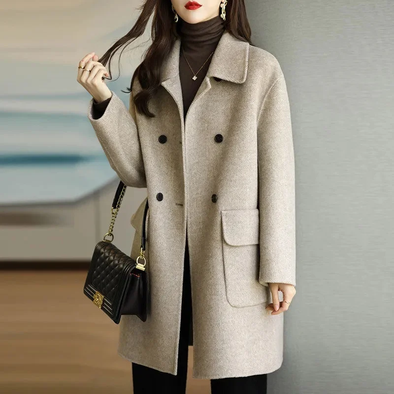 2023 Spring Autumn New Off-season Woolen Coat Women's Coffee Color Thickened Korean Version Slim Mid-Length Loose Woolen Coat W7