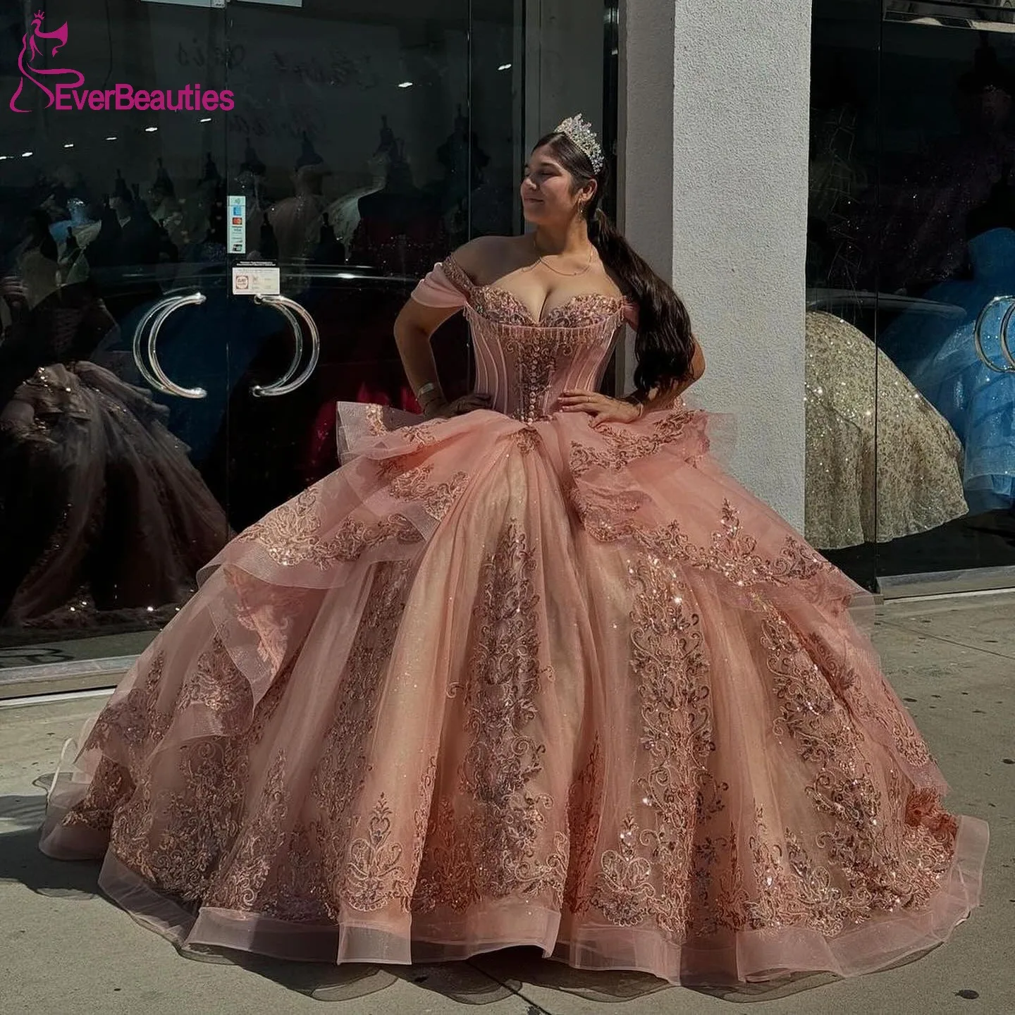 Ball Gown Quinceanera Dress for Teen Tulle Lace Beaded Sweet 15 Prom Dress Off Shoulder Party Dresses Vestidos De 15 Quinceañera