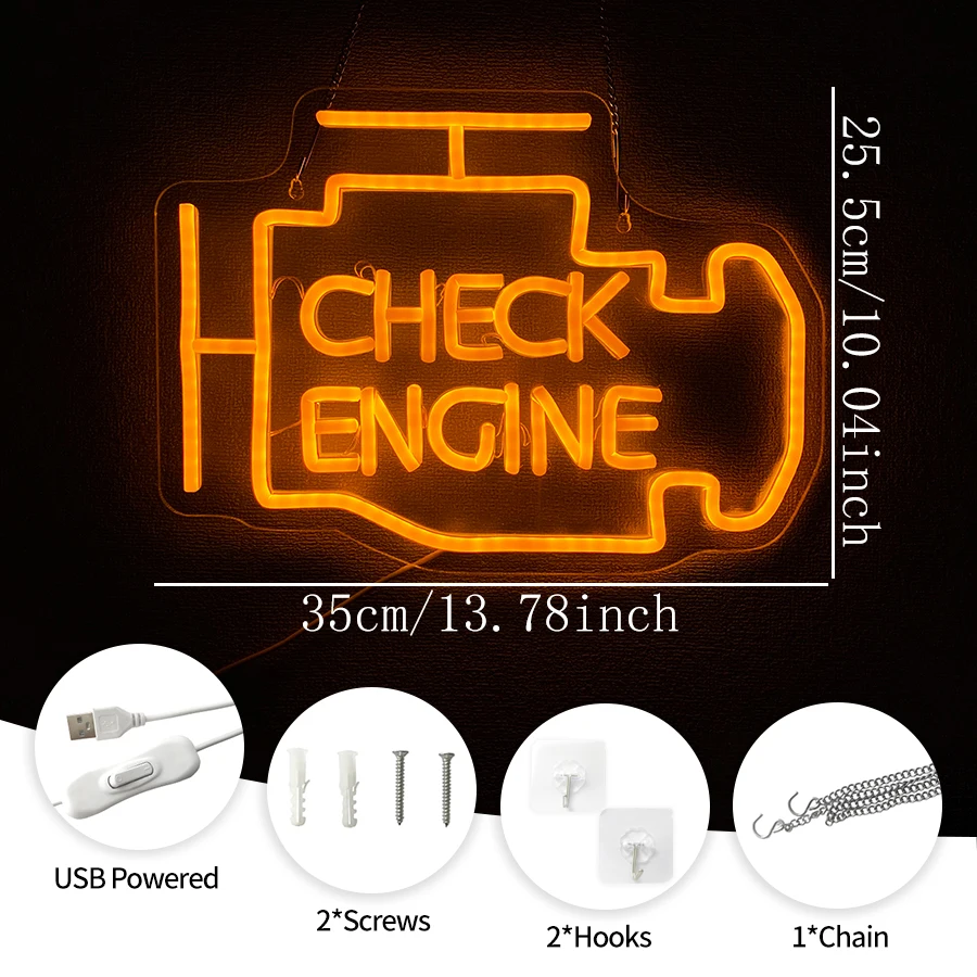 Check Engine Led Neon Sign, Used For Wall Decor, Garage, Bar, Bedroom, Game Room, Garage, Man Cave Wall Lamp, Father'S Day Gift.
