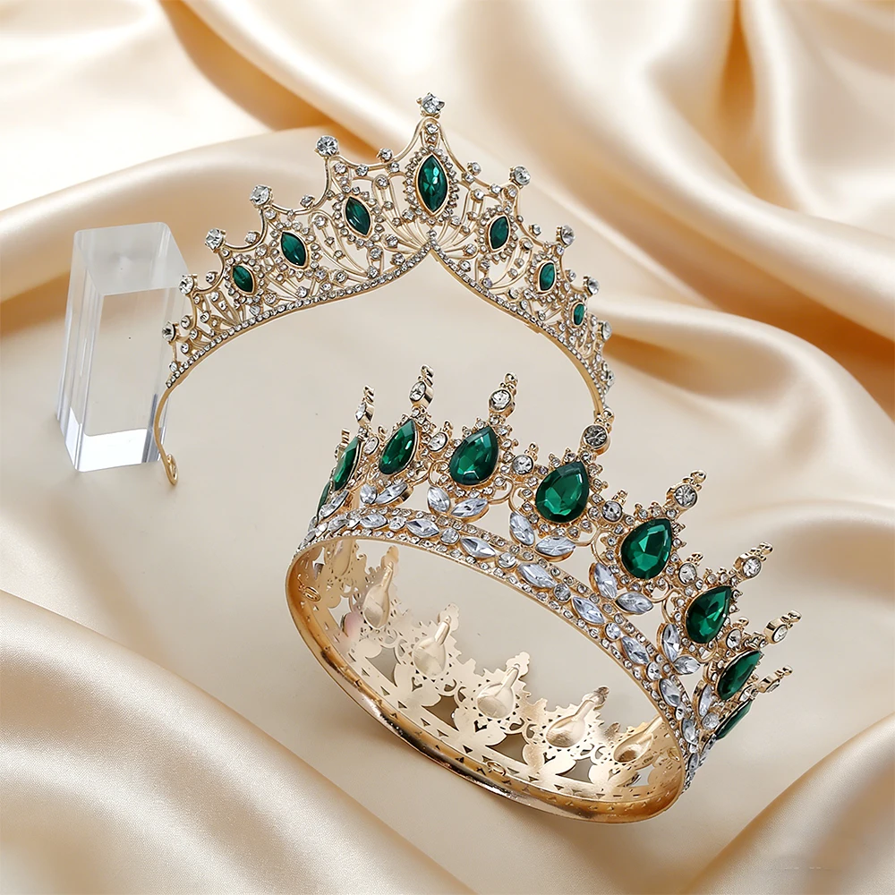 

Роскошный набор корон в стиле барокко с зелеными кристаллами, 2 шт., тонированная тиара, круглая корона с драгоценными камнями, прозрачные стразы, идеально для свадеб, выпускных вечеров, королевских мероприятий