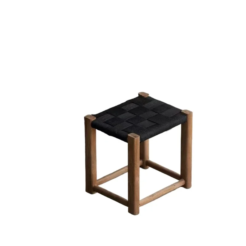 Retro solid wood stool, surprised by the wind, hand-braided rope, elm dressing stool, medium antique dining chair, shoe
