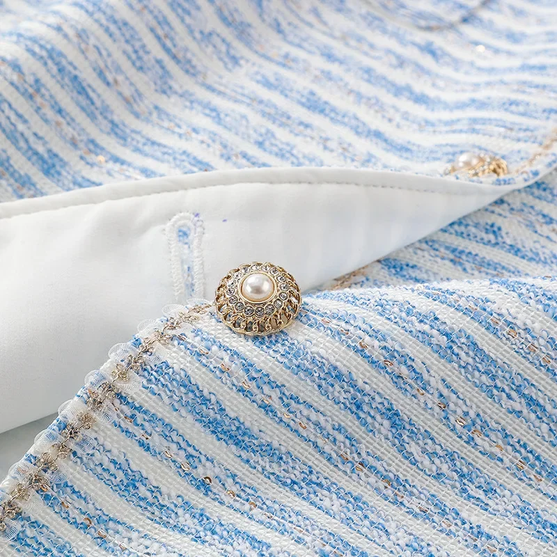 Small Fragrance Light Blue Striped V-neck High-quality Short-sleeved Dress Women Fashion French Elegant Lady Tweed Dress