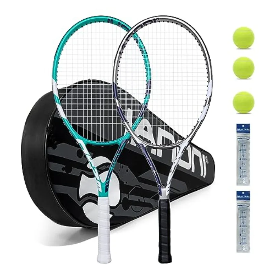 

Tennis Rackets for Adults, Pre-Strung 27 Inch Tennis Racquets-2 Player Tennis Racket Set with 3 Balls, 2 Grips, 2 Vibration Dam