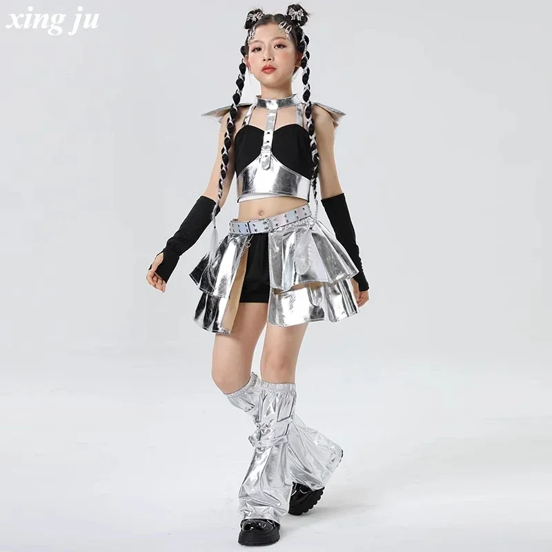 Argento Moda Bambini Set di danza jazz Kpop Concorso di danza Costumi Abiti per spettacoli teatrali Ragazze Hip Hop Street Dance Wear