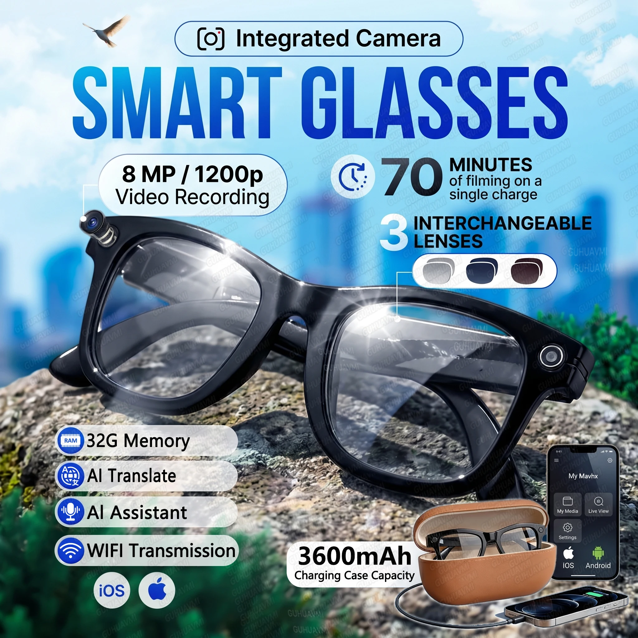 

Новые умные очки 2026 года с камерой 4K HD 800 Вт, внешним аккумулятором 3600 мАч, памятью 32 ГБ, записью фото и видео, 160+ функций перевода, ИИ-очки ChatGPT для мужчин и женщин