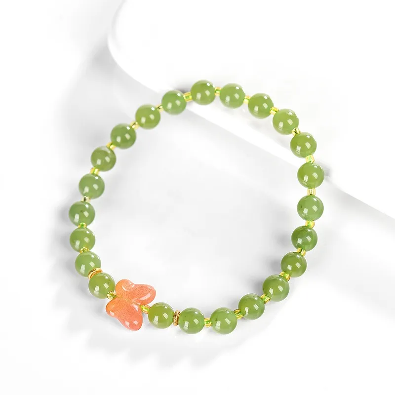 

TIMESWIND Natural Jade Green Round Beaded Butterfly Three-D Women Bracelet with Certificate