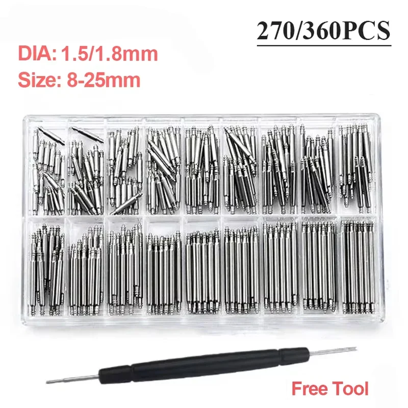360 peças 270 peças 8mm-25mm barra de mola de relógio de aço inoxidável pinos de pulseira de relógio 1.5mm 1.8mm de diâmetro ferramentas de reparo de pino de ligação de pulseira de relógio