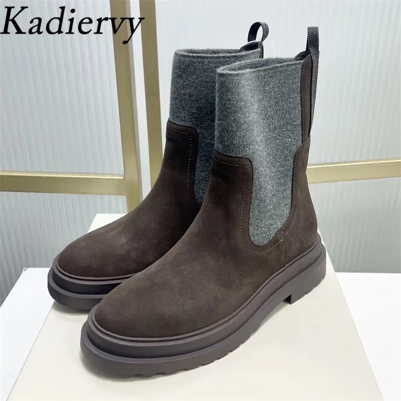 

Весенне-осенние короткие сапоги, женские вязаные сапоги из натуральной кожи с круглым носком, лоскутные туфли на плоской подошве, женские черные сапоги с бусинами