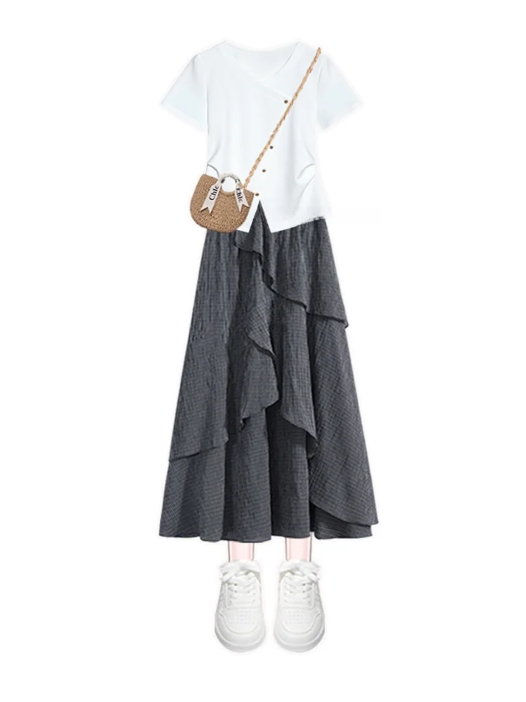 

Корейский летний комплект, женская футболка Faion Age Reduction с застежкой талии и плечами, дизайнерская утягивающая юбка в стиле ретро...