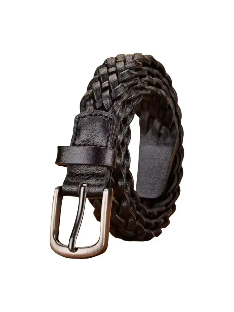 2024 Women Casual Luxury New Style Width 2.5cm  Woven Belt Needle Buckle Real Leather Head Layer Cowhide Handmade Decorative