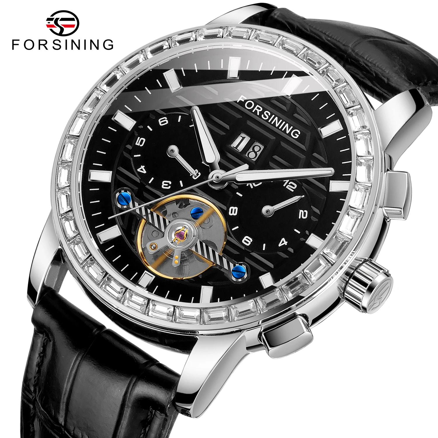 FORSINING New Design 3D Diamond Blue Dial Automatic Man Watch Mechanical Business Casual Leather Wristwatches Elegant Male Clock