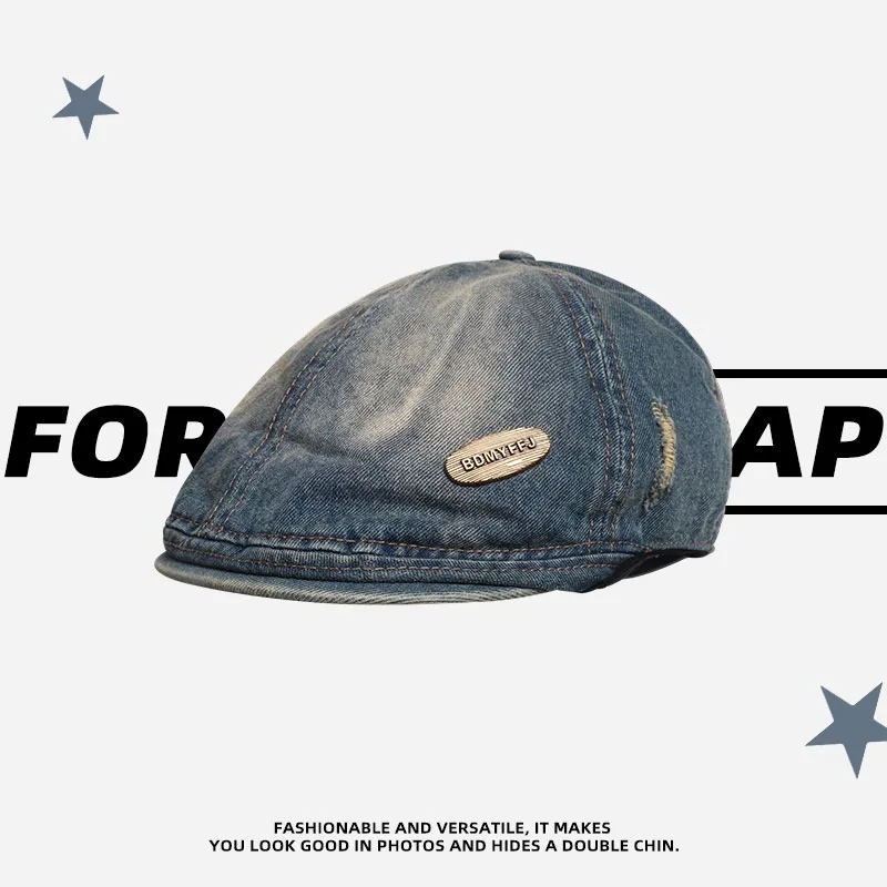 

New Simple Retro Washed Denim Man Forward Hat Spring and Autumn Outdoor Sunshade Short Brim Casual Hole Design Beret for Women