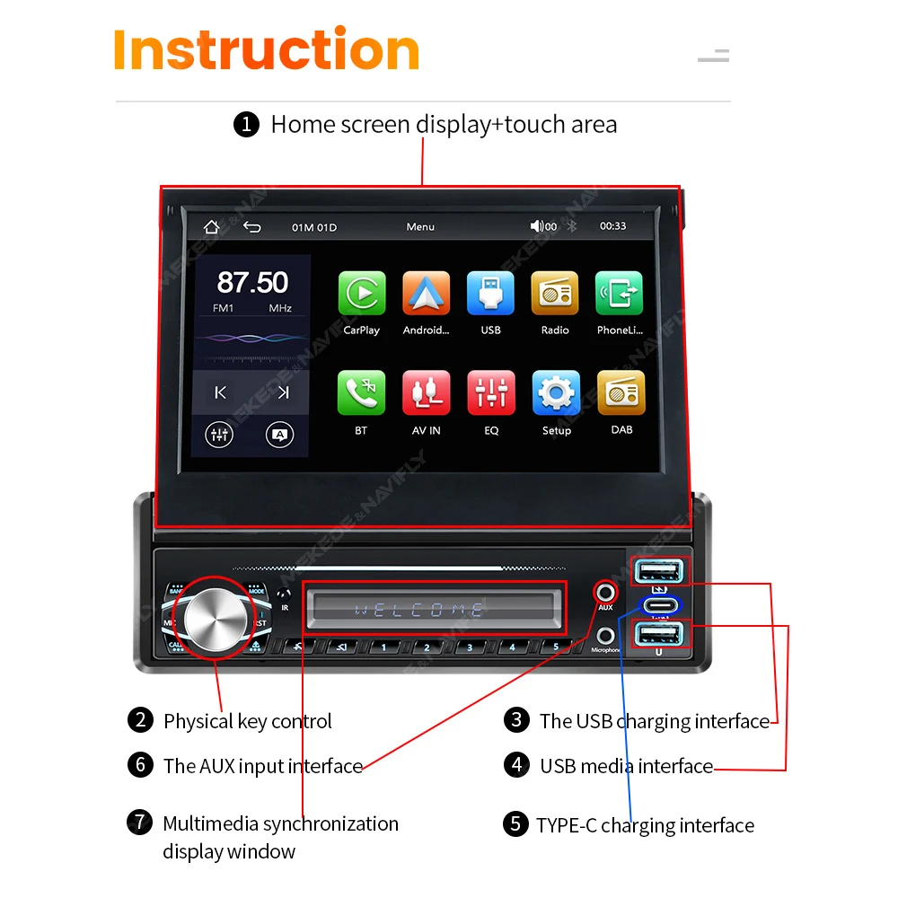 Navifly اللاسلكية Carplay السيارات 1 Din مشغل MP5 7 بوصة التلقائي قابل للسحب شاشة تعمل باللمس مشغل سيارة راديو FM مرآة ربط DAB SWC