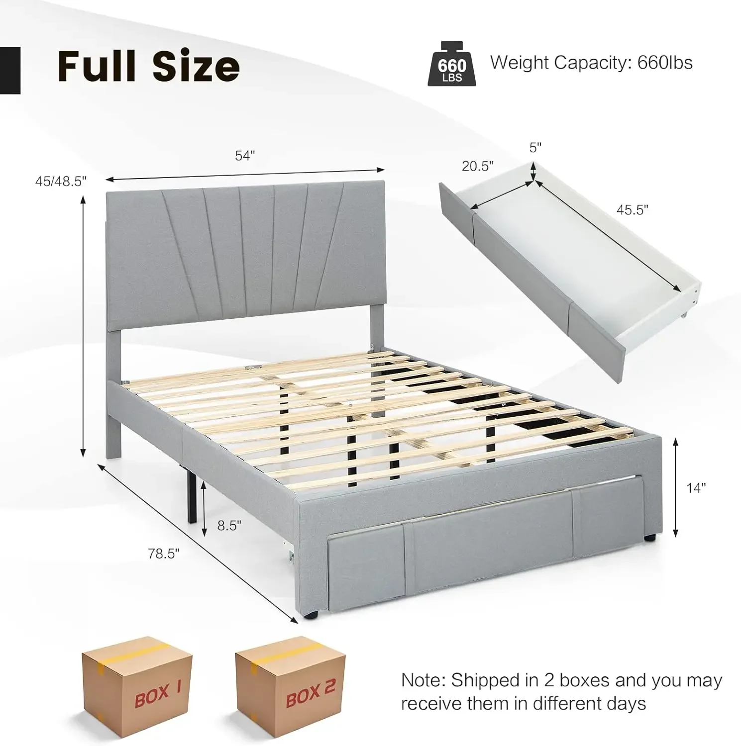 Upholstered Full Bed Frame with Drawer, Modern Platform Bed with Storage & Adjustable Headboard, Wooden Slat Support Mattress Fo