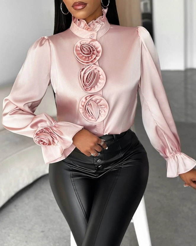 

Fashion Woman Blouse 2024 Spring Rose Detail Frill Hem Bell Sleeve Casual Stand Collar Plain Long Sleeve Daily Shirt Top