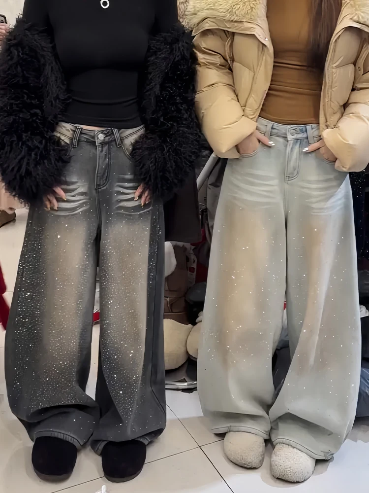 

Ретро-джинсы в американском стиле для женщин, свободного кроя, весна 2026, с алмазной отделкой, удлиненные, с естественной линией талии