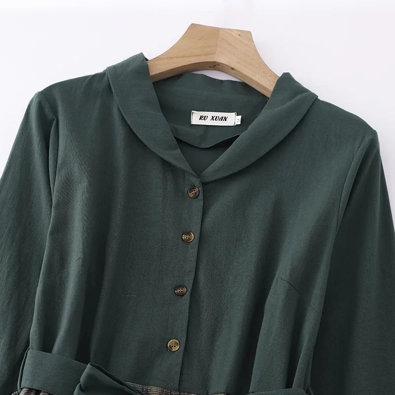 2025 Herfst Katoen En Linnen Jurk Vintage Single Breasted Vrouwen Losse Lange Mouwen Patchwork Jurk W790