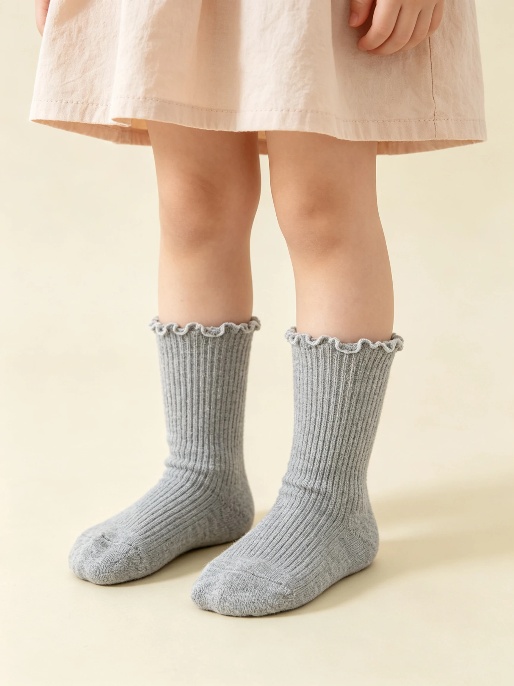 3 Paar einfarbige Kleinkindsocken mit Rüschenbündchen, gerippte, atmungsaktive mittelhohe Mädchensocken, weiche, dehnbare Kinder-Freizeitsocken für alle Jahreszeiten, für 1–12 Jahre – Detail 4