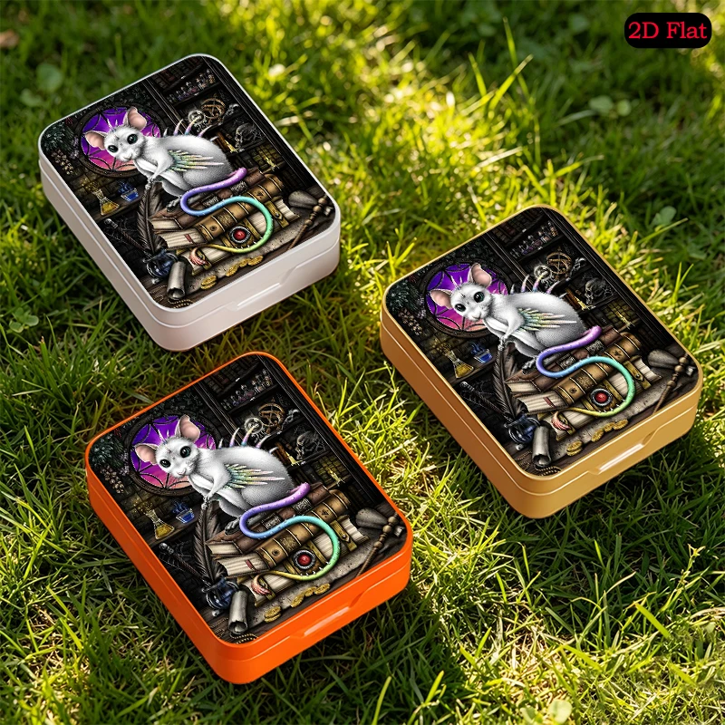 Magical Winged Rat theme Mini Square Portable Tin Box, UV Printed Flip Top Personalized Photo Metal Tin Box, Travel Tin Box
