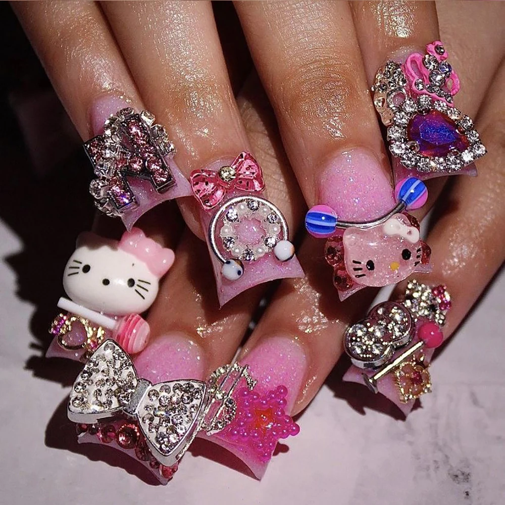 Sanrios Hello Kitty Cinnamoroll Xl Square Duckbill Shape Y2K Europe America Fake Nail French Diamond Bow Nails Party Sticker